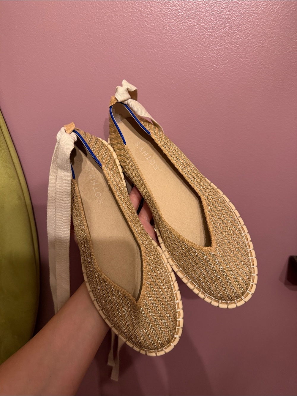 Rothy's Tan Knit Espadrille Flats with Cream Ribbon